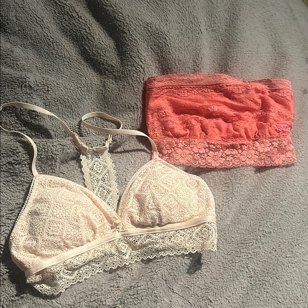 Lace Bralette and Bandeau Set - Cream and Coral
